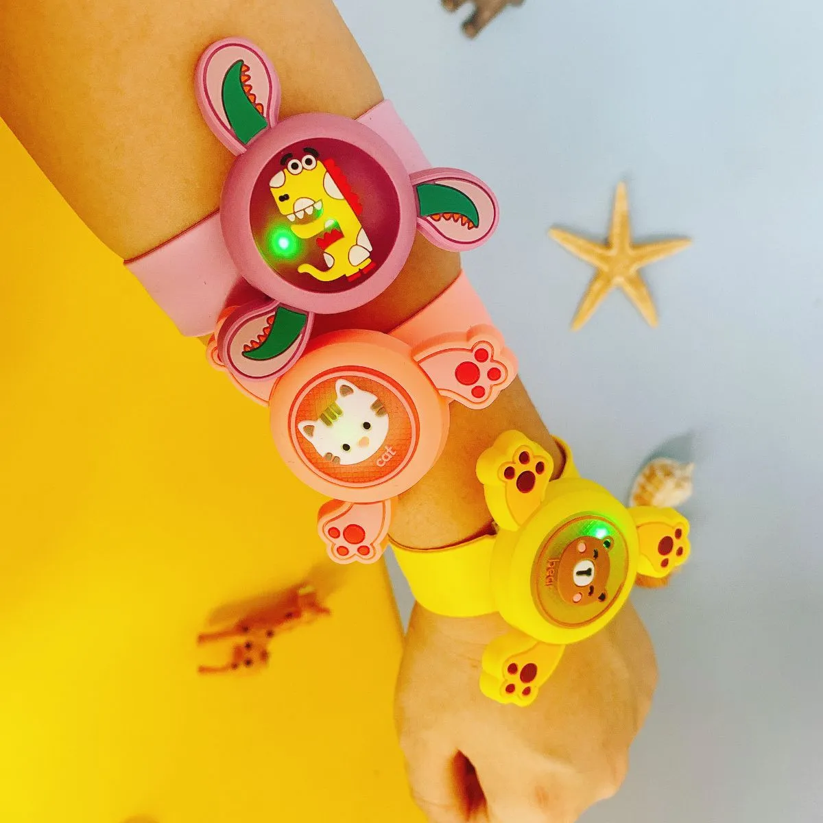 Kids Plant Essential Oil Slap Bracelet with Spinning Top Toy – Cute Cartoon Light-Up Safety Wristband, Outdoor Flashing Protective Bangle & Slap Watch for Children